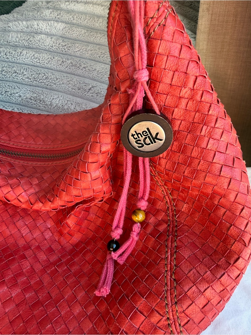 The Sak Red Woven Leather Hobo Shoulder Bag Boho Y2K Tassel Purse